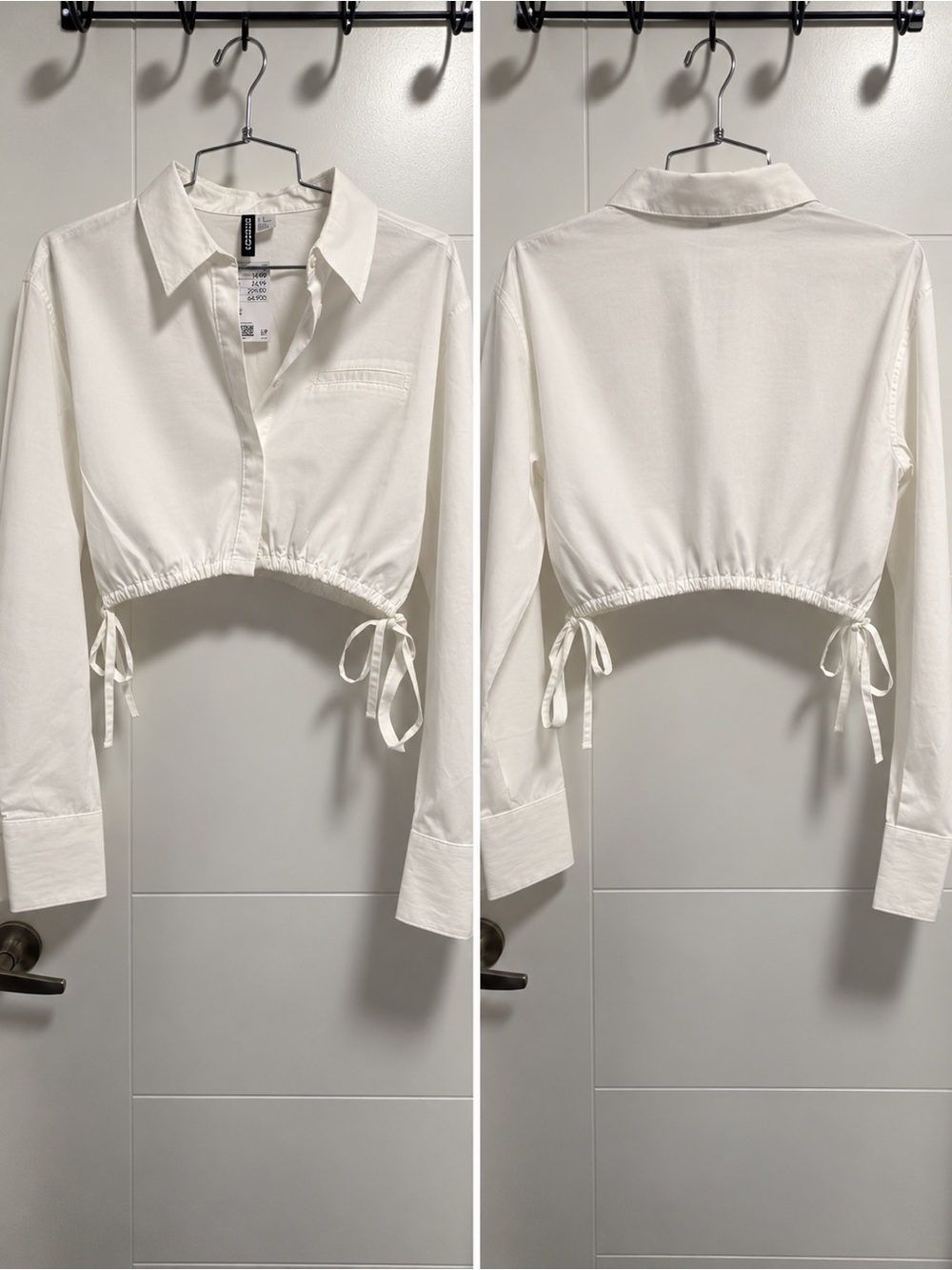 Cropped Tie-Waist Collared Blouse - White